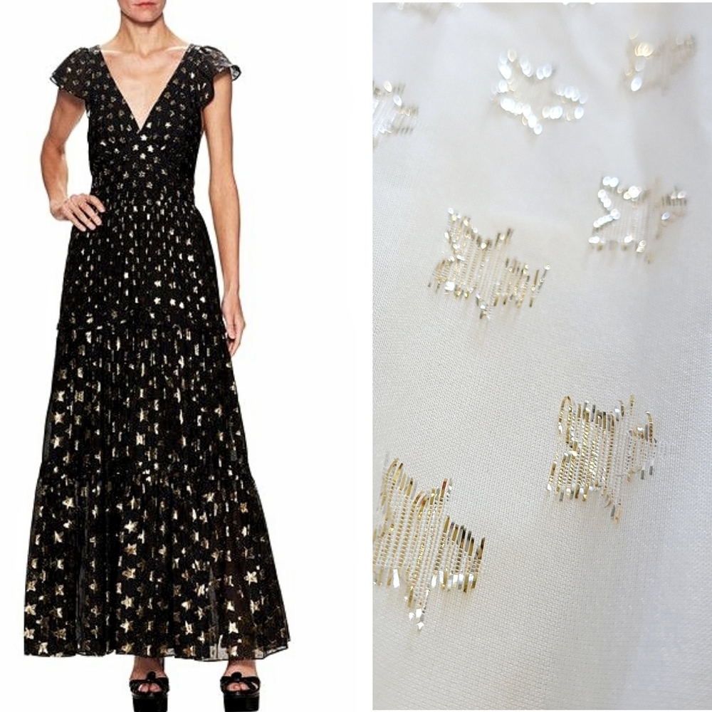 NWOT RARE White Temperley London Metallic Star Jacquard Silk Tiered Maxi Dress